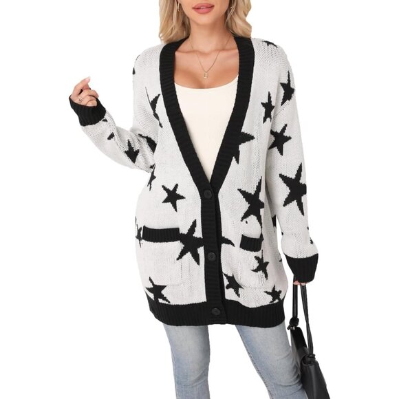 Women's Acrylic V-Neck Long Sleeve Bow Jacquard Knit Sweater Open Cardigan - Picture 3 of 6